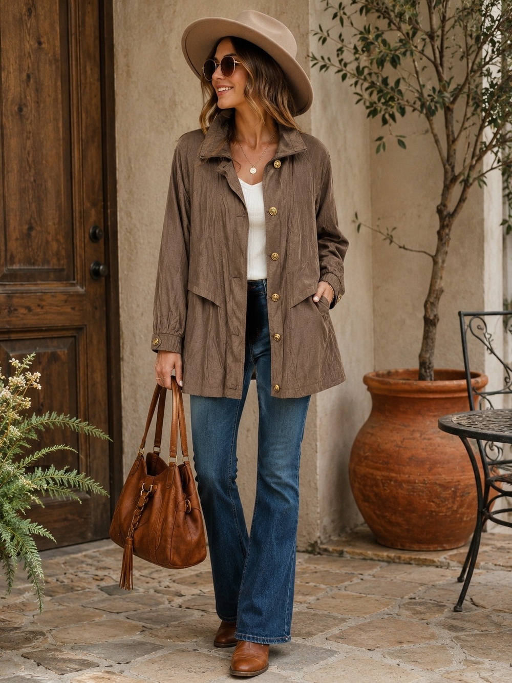 Gallery Brown Lace Back Utility Jacket Shimmer Zip Button Coat Medium